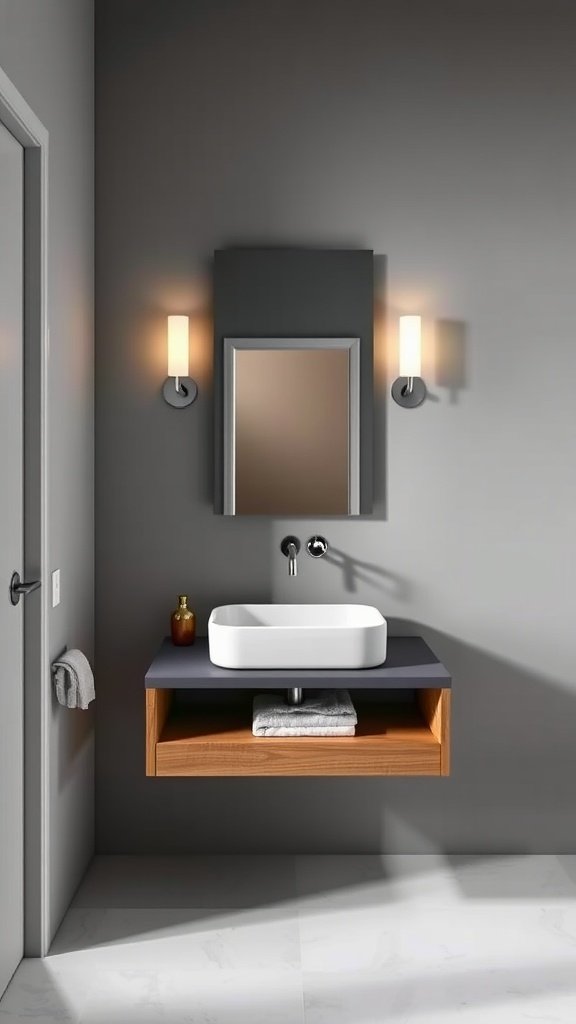 A sleek floating vanity with a modern sink and wooden shelf in a stylish half bathroom.