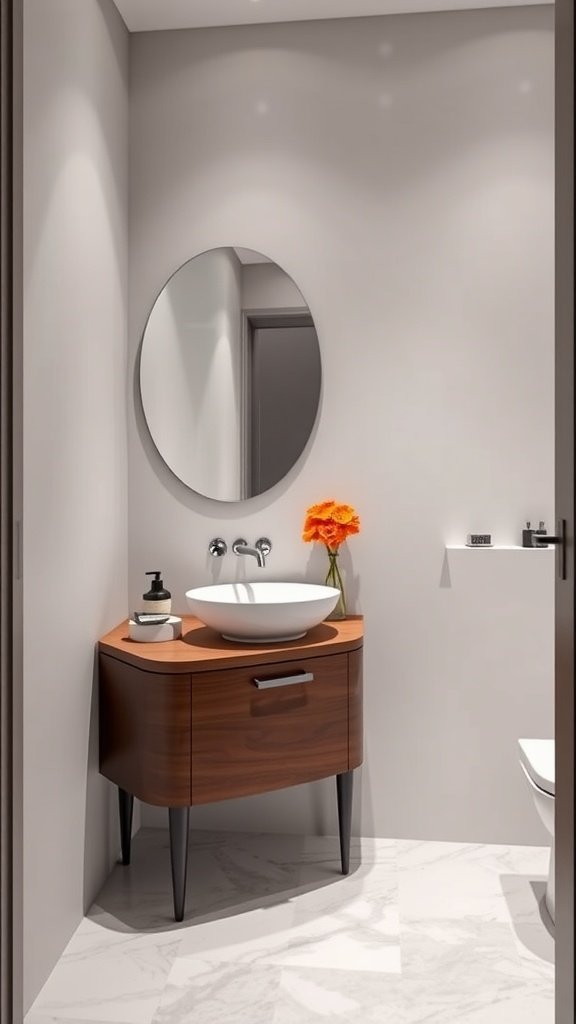 A sleek floating vanity in a modern half bathroom with a round mirror and orange flowers.