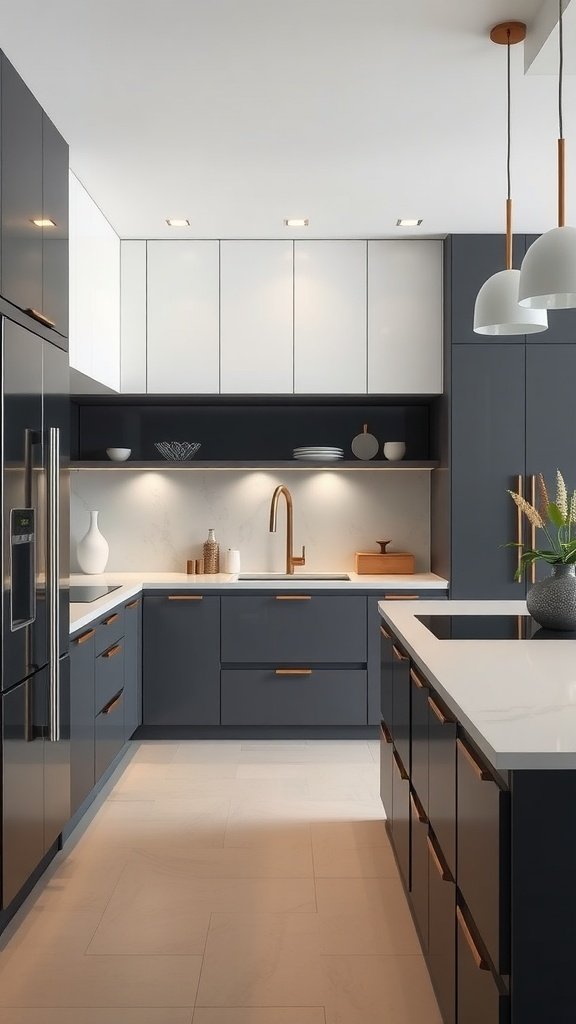 A modern kitchen with sleek minimalist countertops and dark cabinetry.