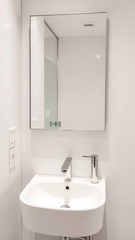 A sleek modern half bathroom with a minimalistic sink and faucet.