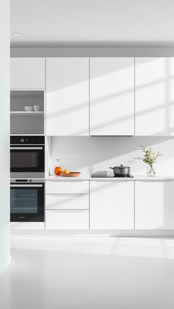 A modern minimalist kitchen with white cabinets and clean lines.