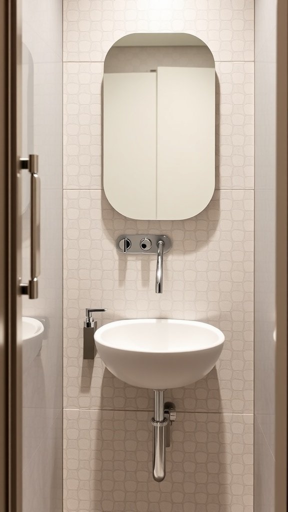 A minimalist wall-mounted sink with a sleek faucet in a small bathroom.