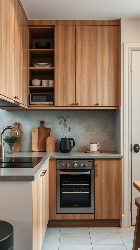 Modern kitchen with sliding door cabinets showcasing wood finish and organized interior.