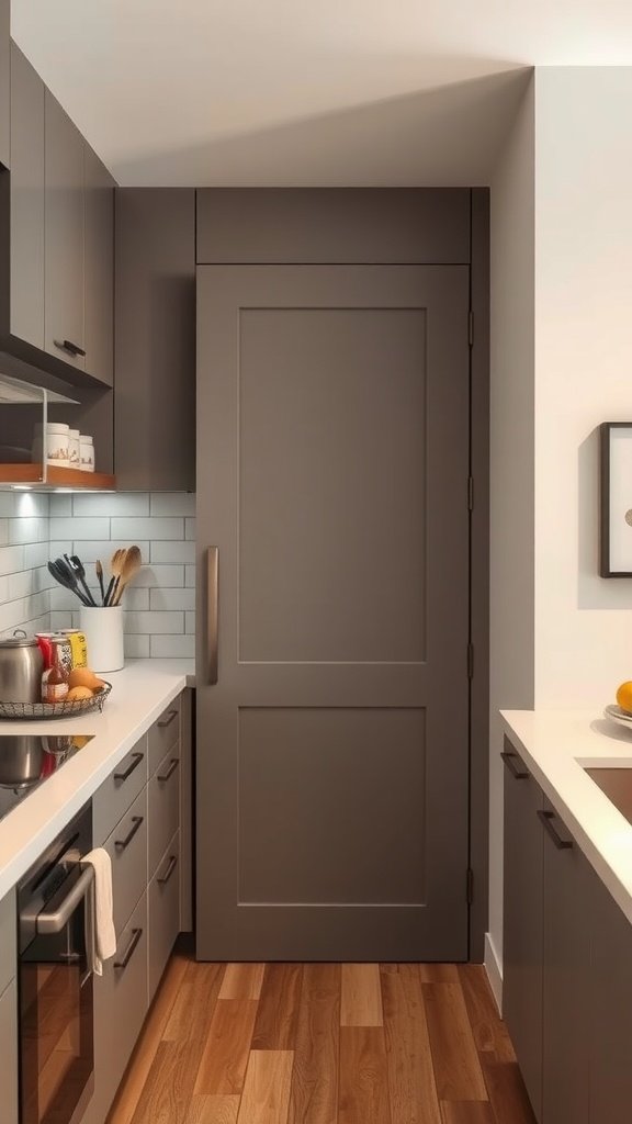 A modern kitchen featuring a sliding pantry door.