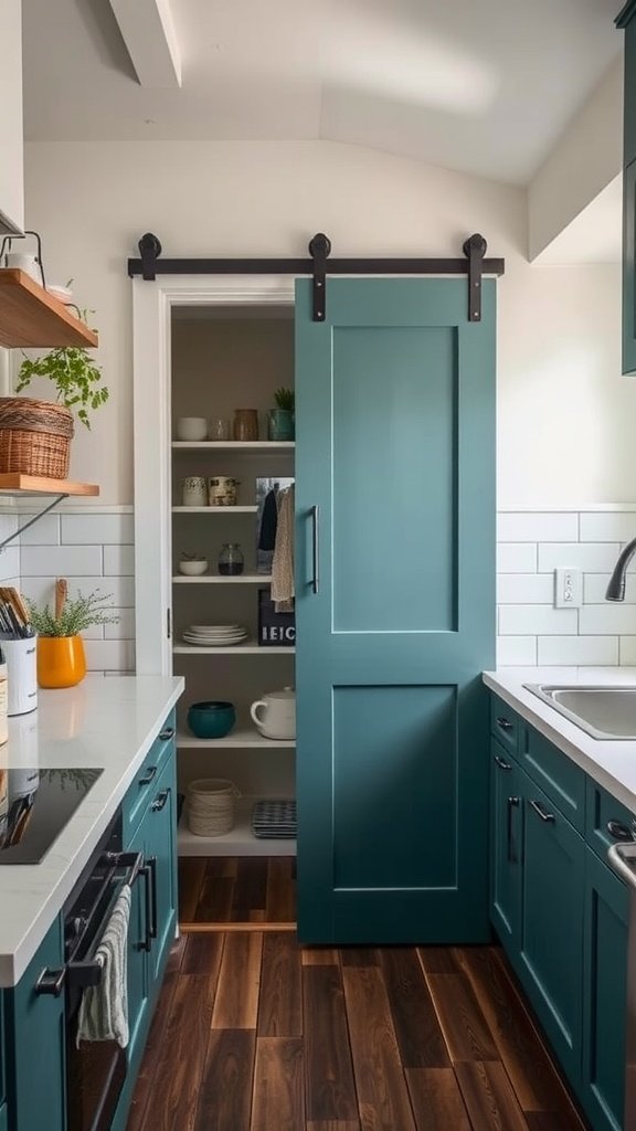 A small kitchen featuring a sliding pantry door in teal color.