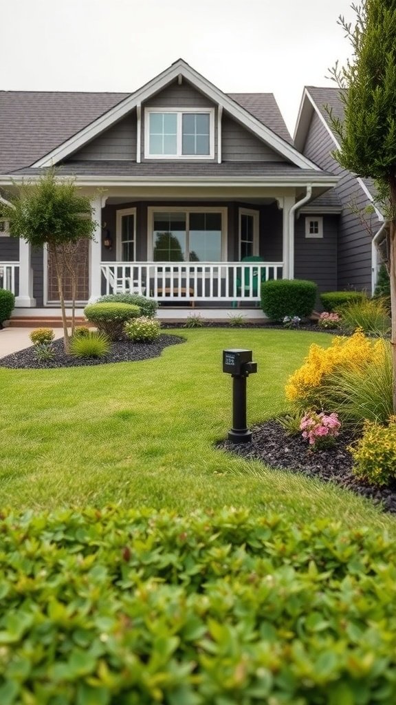 A modern front yard with a smart irrigation system and various plants.