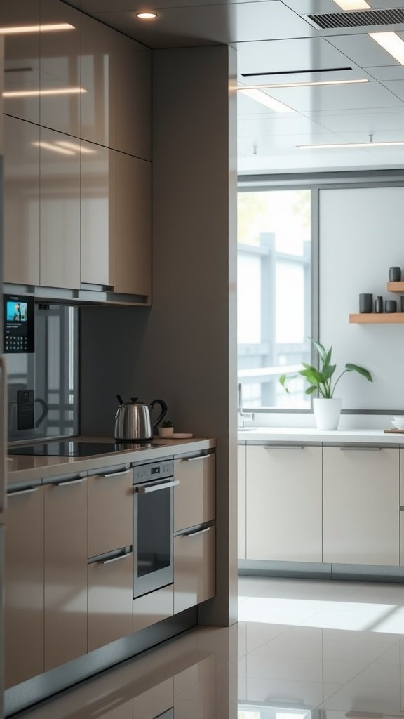 Modern kitchen with smart appliances and sleek design.