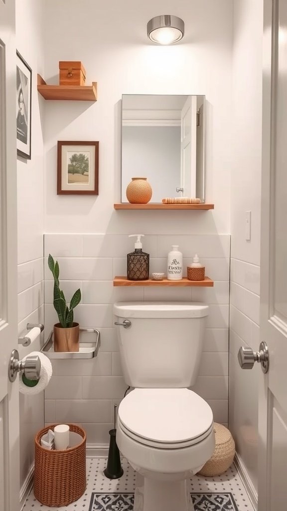 A stylish tiny half bathroom featuring wall shelves with decor, a mirror, and a plant.