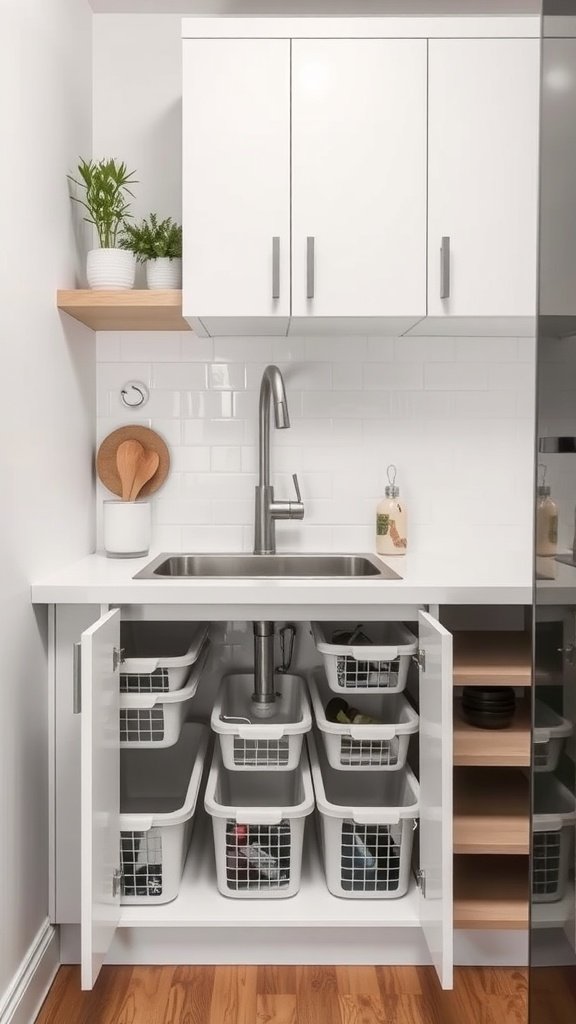 A modern small kitchen sink area with organized baskets under the sink and stylish decor.