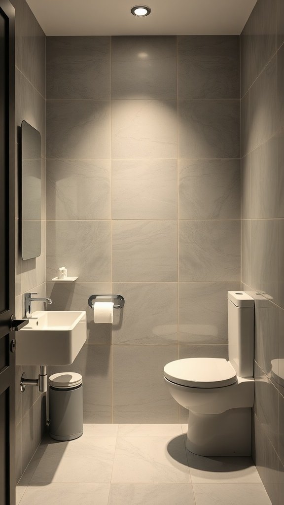 A modern half bathroom featuring sleek design and smart technology.