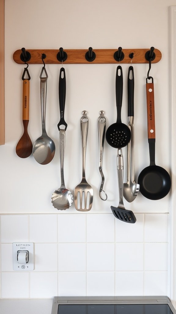Utensils hanging on hooks in a small kitchen.