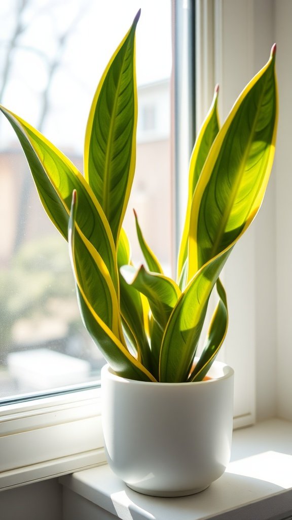 A vibrant Snake Plant in an orange pot, sitting by a window with sunlight streaming in.