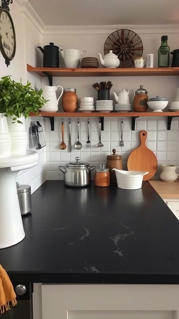 Stylish kitchen countertop featuring soapstone with black veins, complemented by wooden shelves and kitchenware.