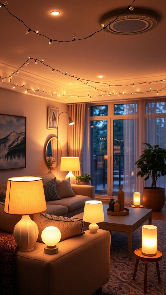 A cozy living room with soft lighting, featuring lamps, fairy lights, and warm decor.