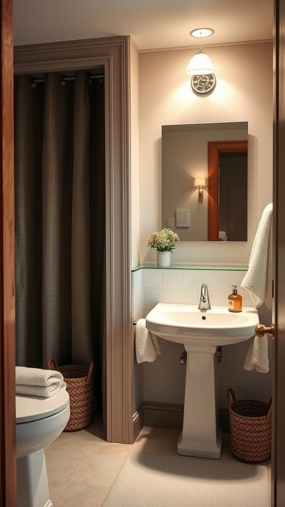 A cozy half bathroom with soft textiles, including towels and a bath mat.