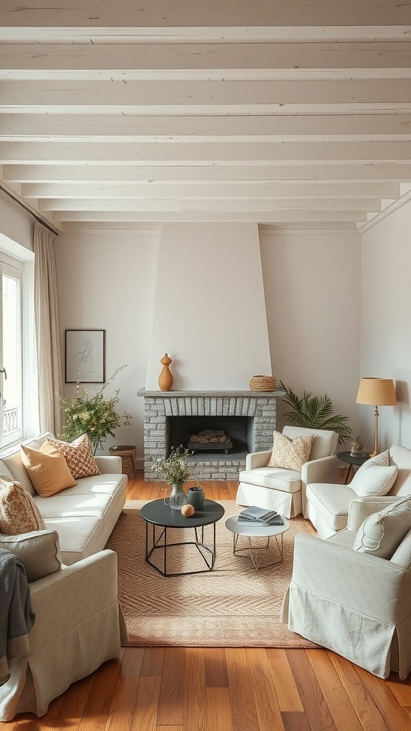A cozy living room with beamed ceilings, plush furniture, and soft textures.