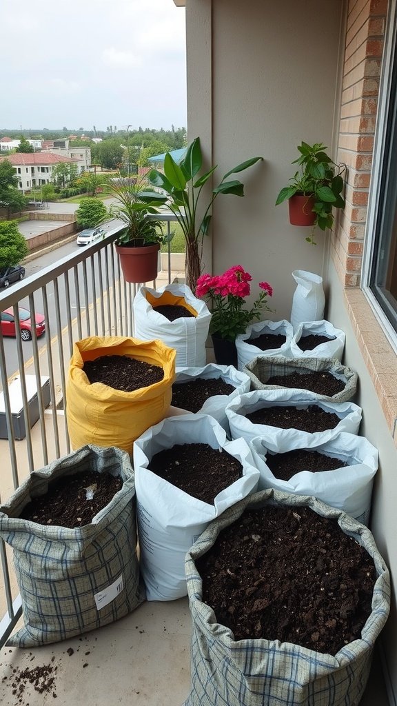 A balcony garden with potted plants and bags of soil.