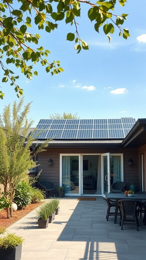 A patio with a roof extension featuring solar panels, surrounded by plants and outdoor furniture.