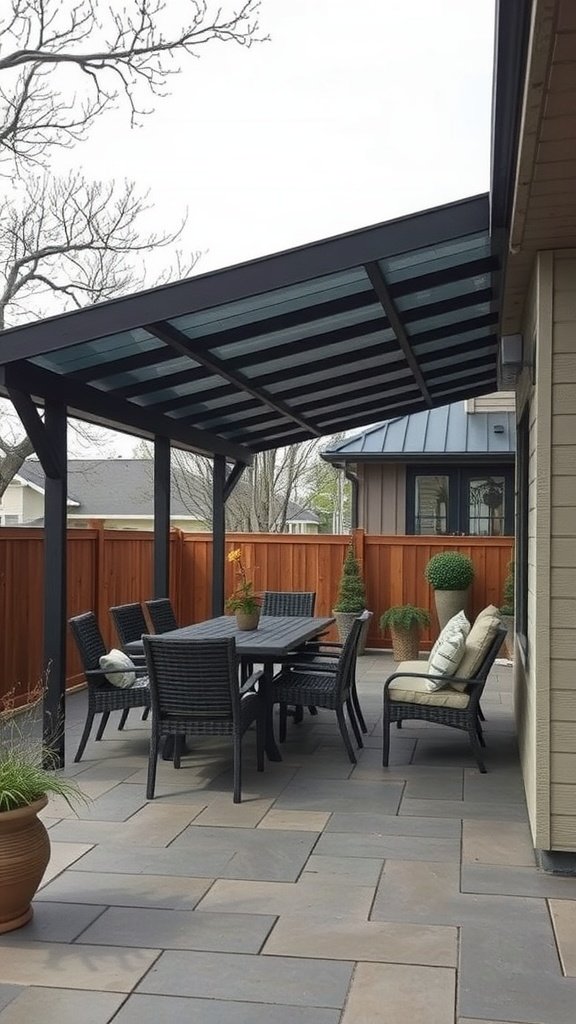 A stylish patio with a solid roof extension and outdoor furniture.