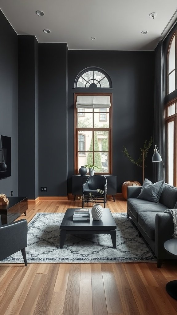 Cozy black living room with wooden accents and modern furniture.