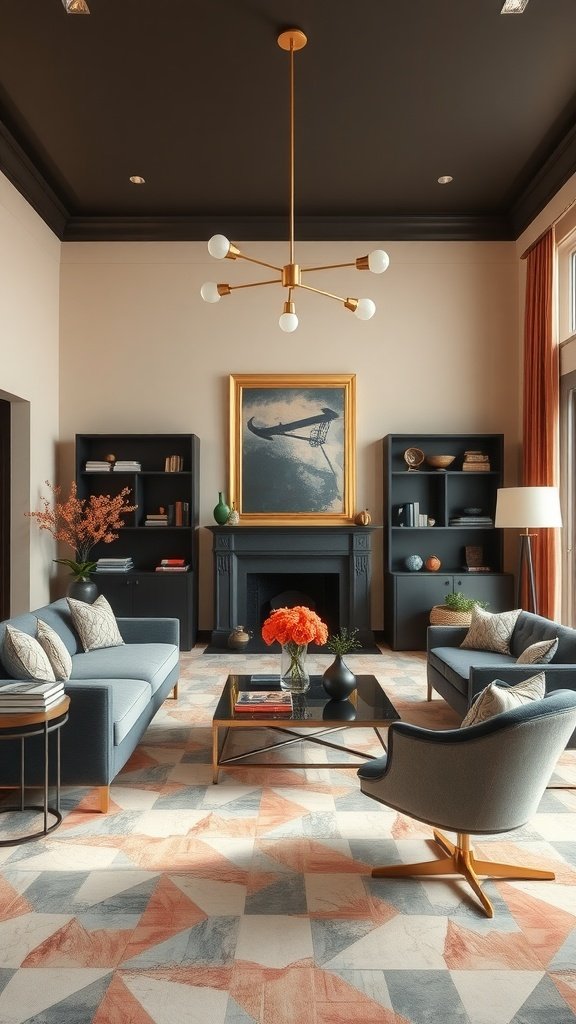 A stylish living room with a dark blue accent wall, modern furniture, and elegant decor.