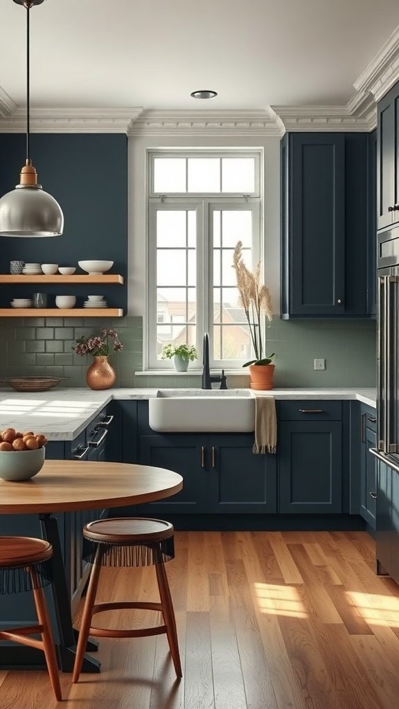 A modern kitchen featuring dark blue cabinets, natural wood accents, and green decor.