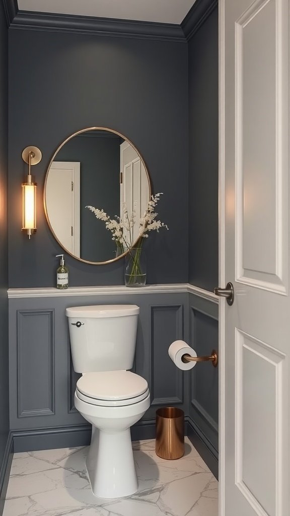 A stylish half bathroom featuring navy walls, a circular mirror, and elegant lighting.