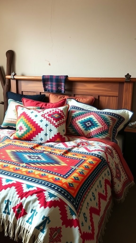 A bed adorned with Southwestern patterned textiles in vibrant colors.