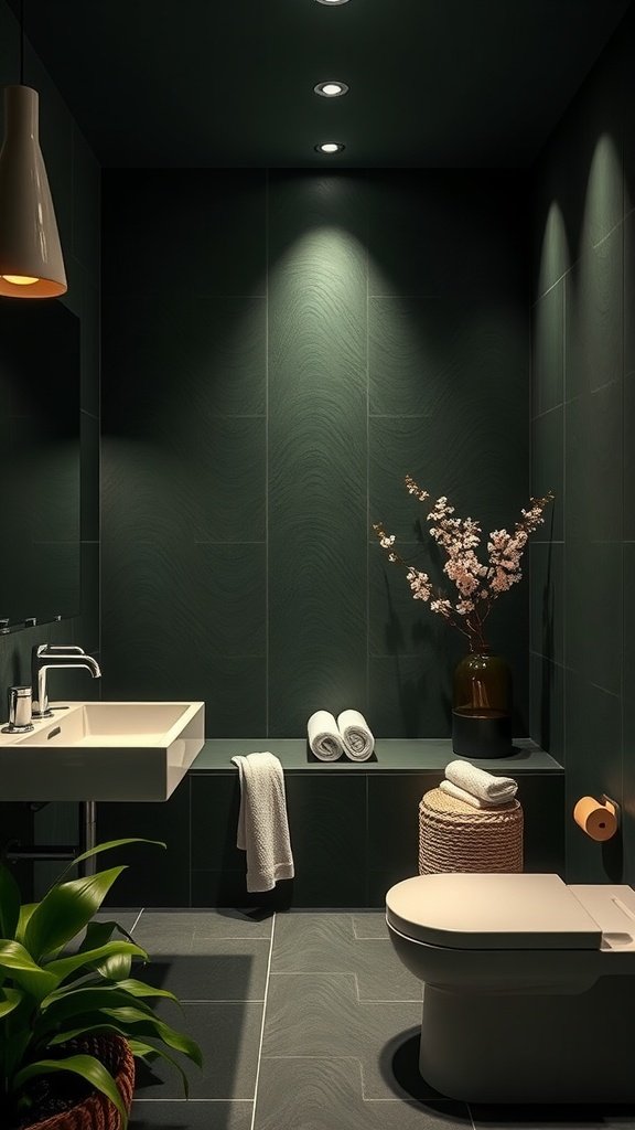 A dark green bathroom featuring modern fixtures, a minimalist design, and decorative plants, evoking a serene and spa-like atmosphere.
