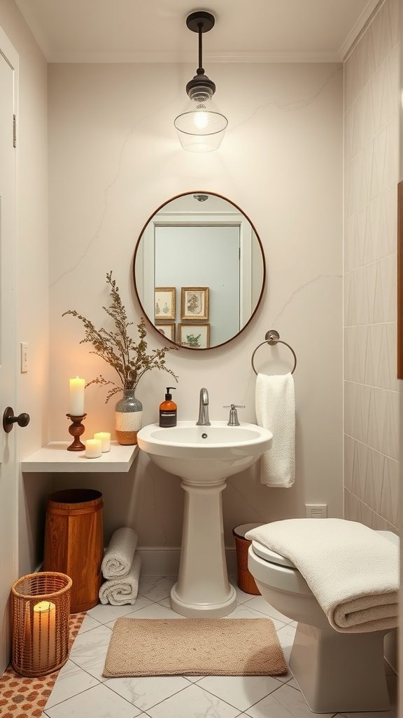 A cozy half bathroom featuring a pedestal sink, decorative mirror, candles, and soft towels, perfect for a spa-like retreat.