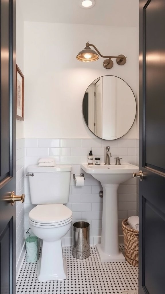 A stylish half bathroom featuring a pedestal sink, round mirror, and modern decor.