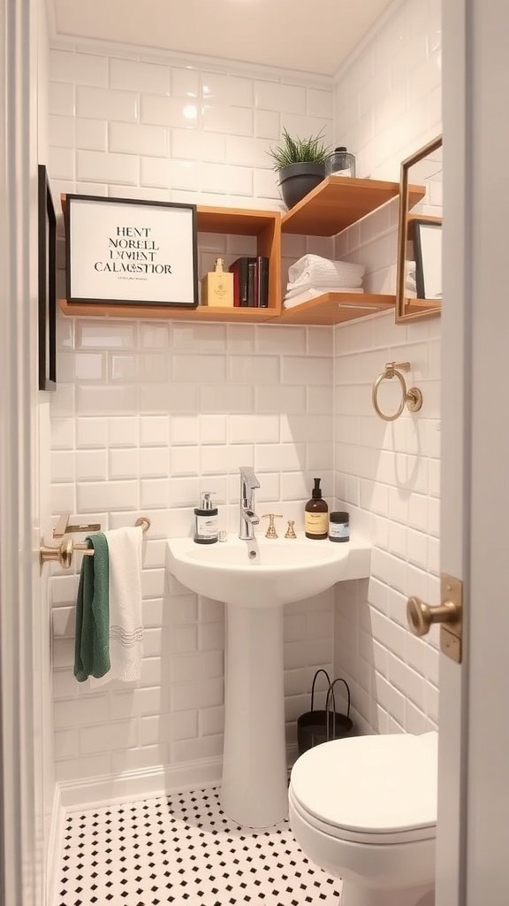 A small half bathroom with floating shelves, a sink, and stylish decor.