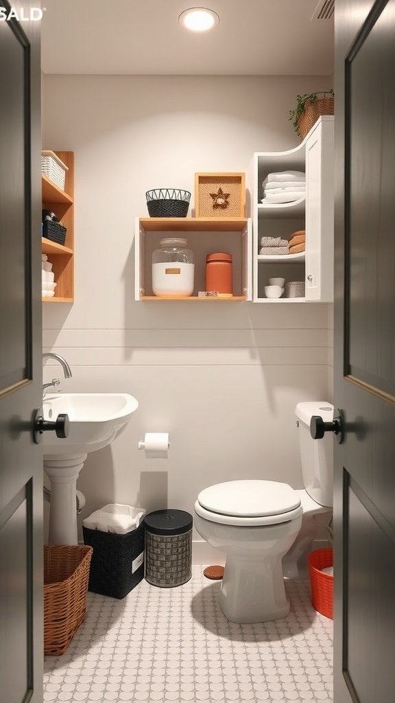 A cozy half bathroom with organized shelves and storage solutions.