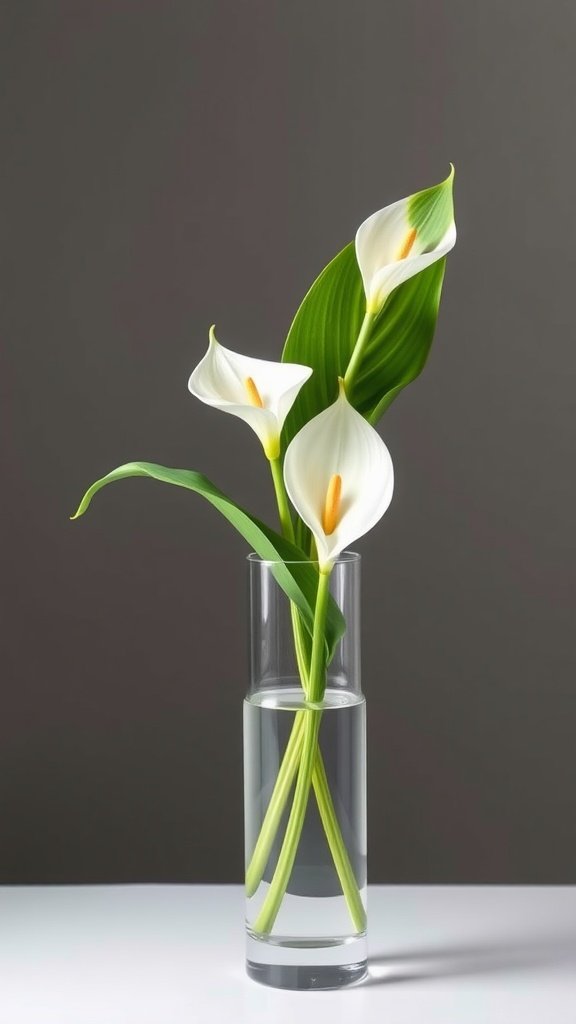 A vase with multiple Spathiphyllum (Peace Lily) flowers and leaves in clear water.