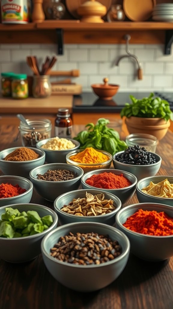 An assortment of spices and herbs in bowls on a rustic kitchen counter.