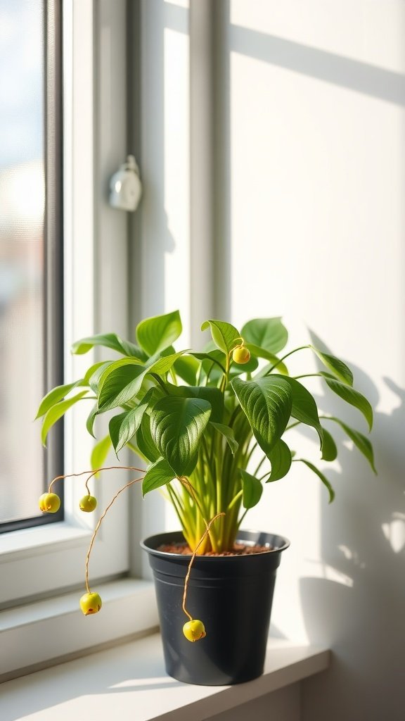 A vibrant spider plant in a black pot near a window, showcasing its lush green leaves and unique hanging flowers.