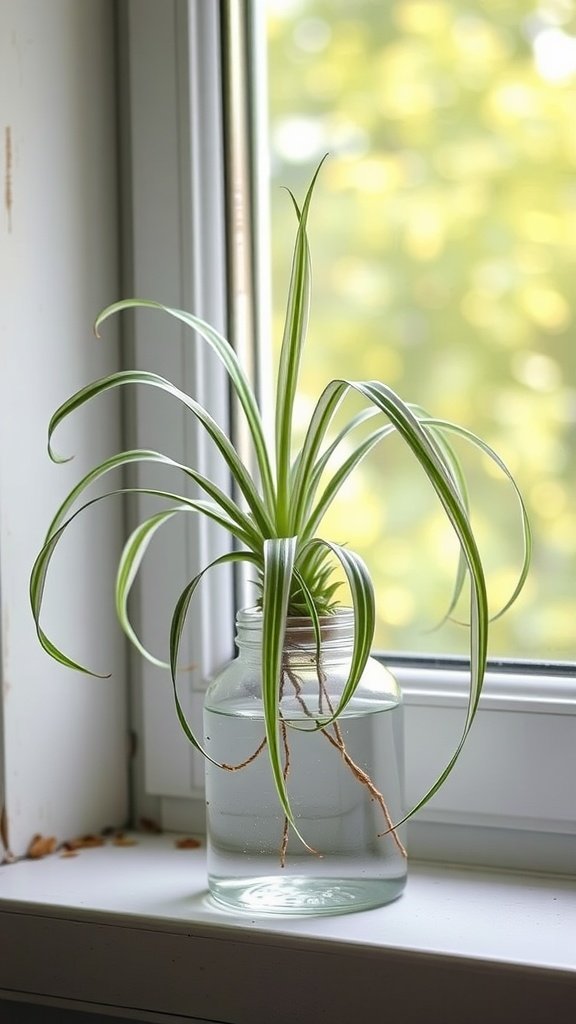 Spider plant thriving in a jar of water by a window