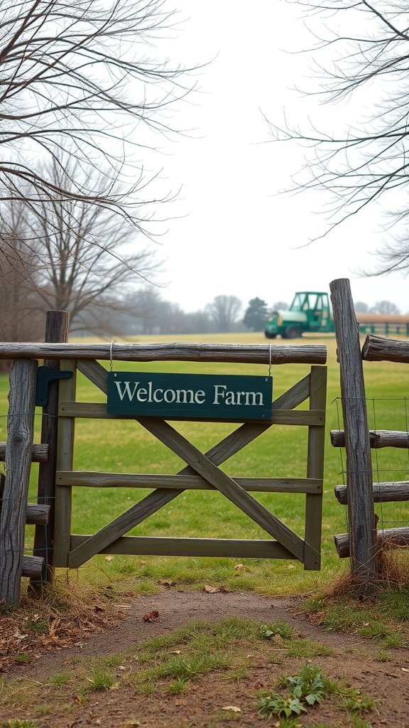 A split rail fence gate with a 'Welcome Farm' sign, leading to a grassy area.