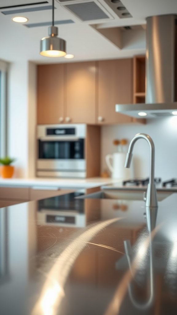 Modern kitchen with stainless steel countertop and wooden cabinets