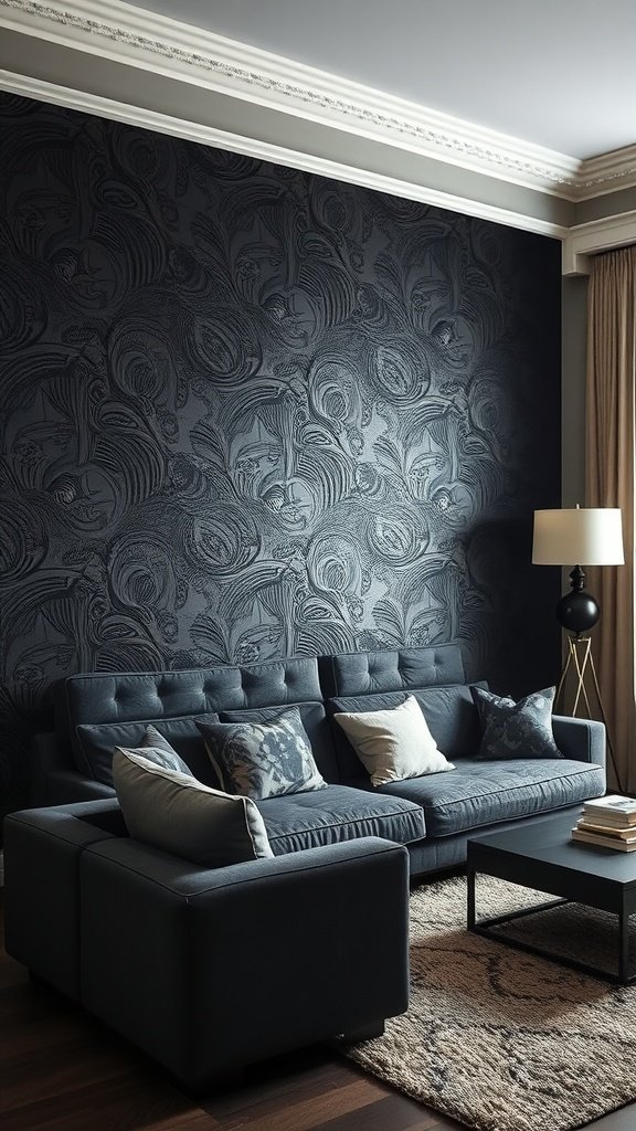 Stylish living room featuring a black accent wall and modern furniture.
