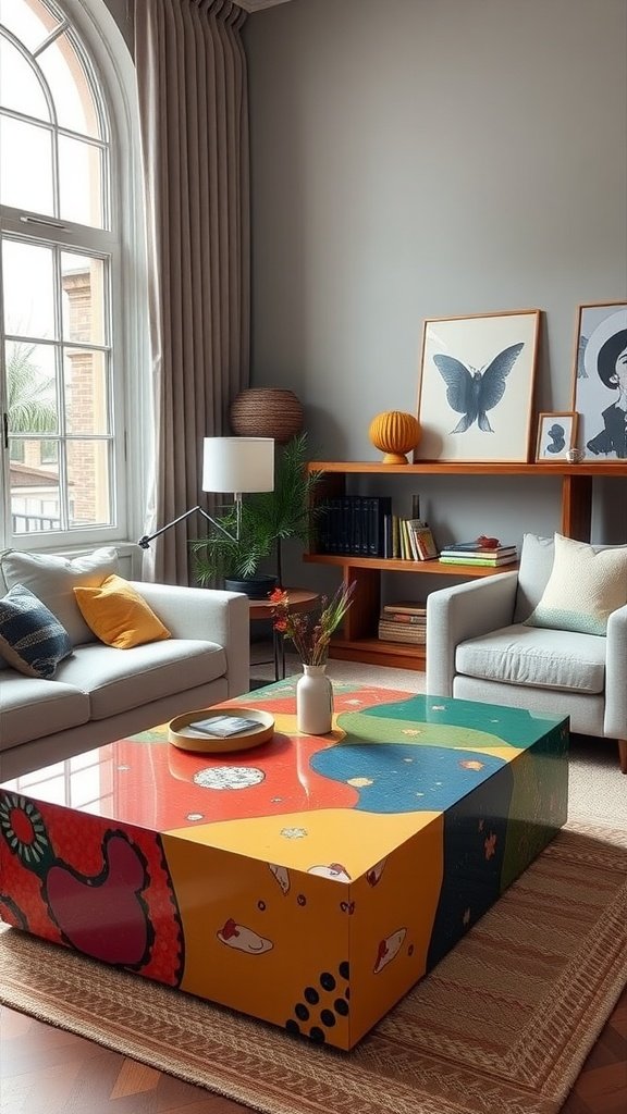 Colorful statement coffee table in a modern living room with neutral furniture.