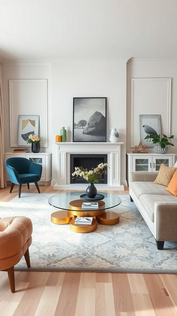 A stylish minimalist living room featuring a green sofa, unique coffee table, and modern decor.