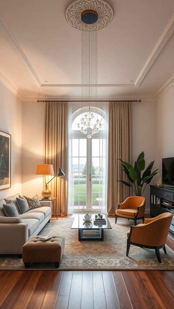 Stylish living room featuring statement lighting fixtures with elegant decor.