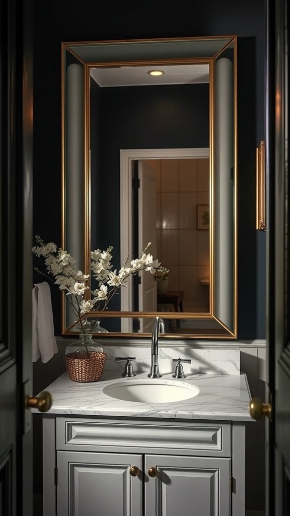 A stylish half bathroom featuring a large statement mirror above a marble sink with decorative flowers.