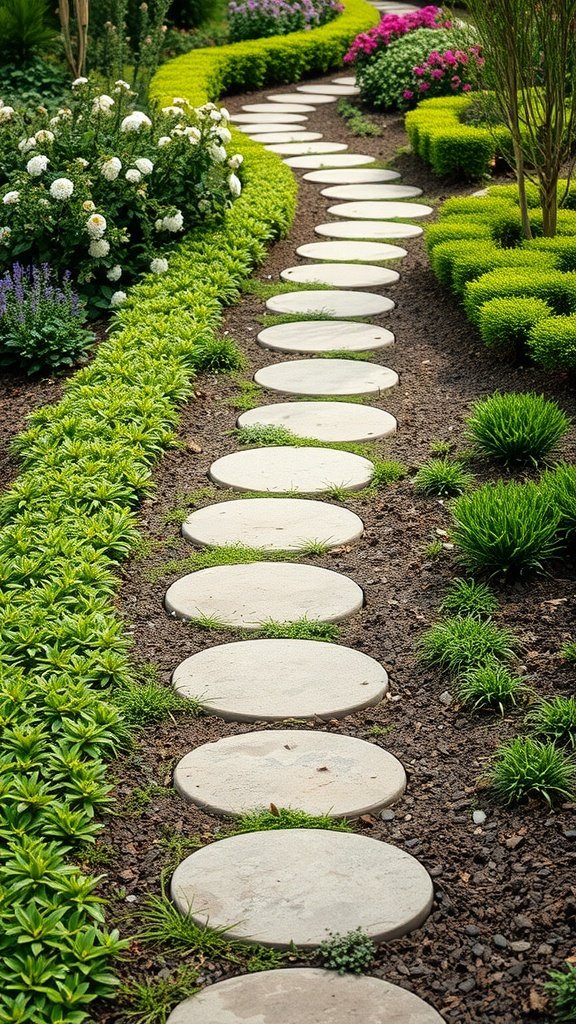 A winding garden path made of circular stepping stones surrounded by green plants and colorful flowers.