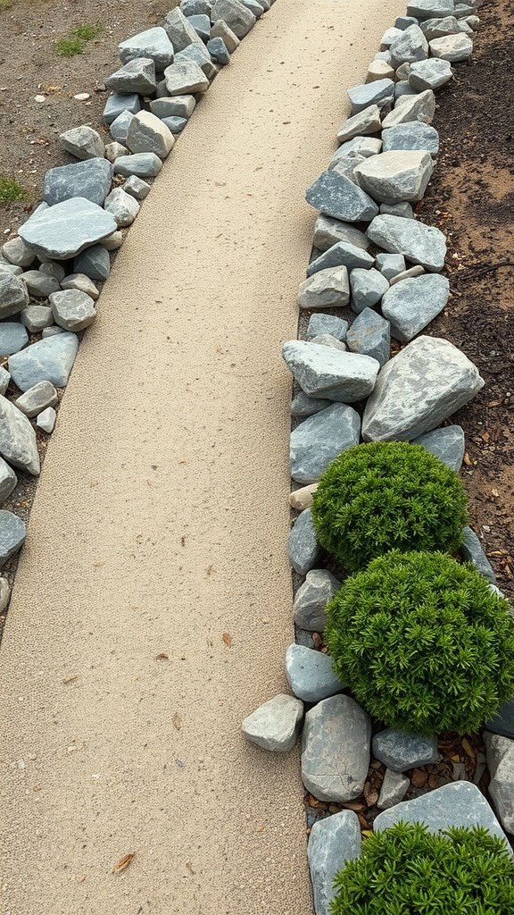 A winding stone dust walkway bordered by rocks and greenery.