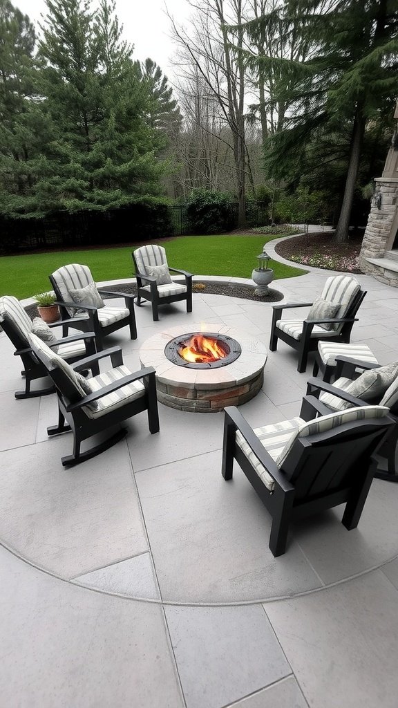 A cozy stone slab patio featuring black chairs arranged around a fire pit, surrounded by greenery.