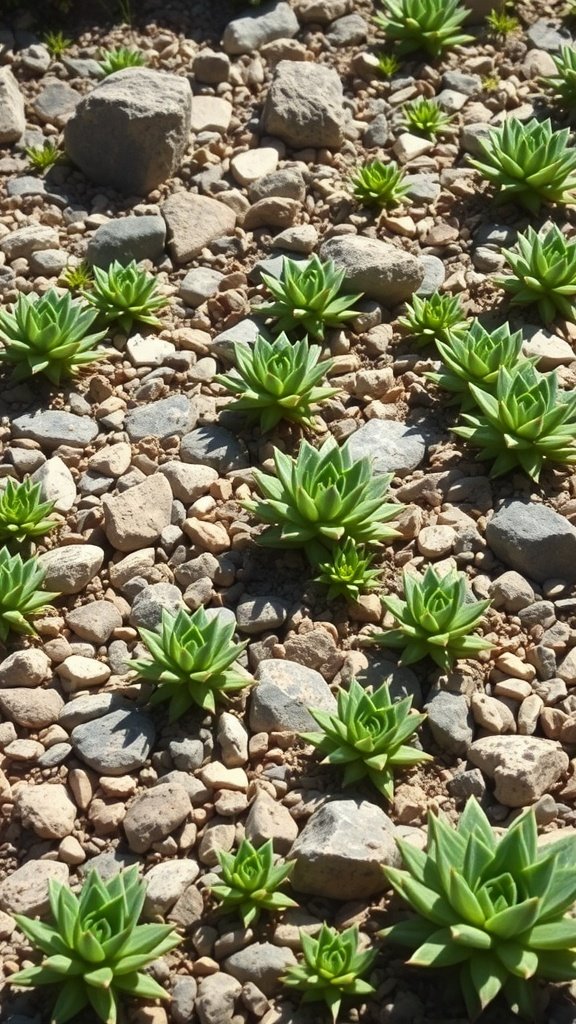 A patch of vibrant green stonecrop succulents spread across rocky soil.