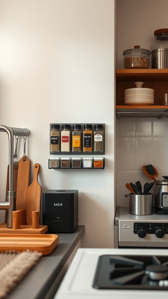 Wall-mounted spice jar storage in a small kitchen