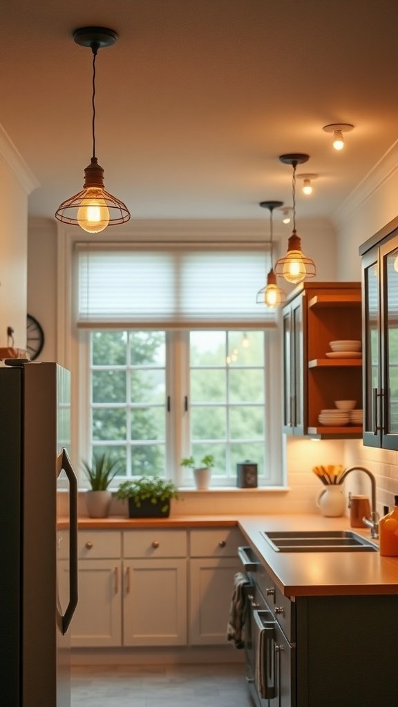 A small kitchen with warm pendant lighting and plants on the windowsill.